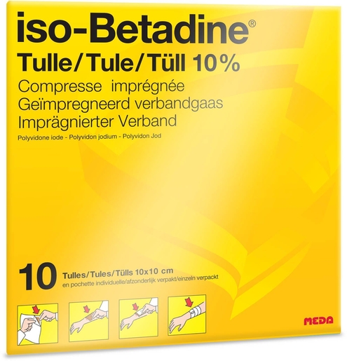 iso-Betadine Tulle 10% 10 Compresses Imprégnées 10 x 10cm | Désinfectants - Anti infectieux