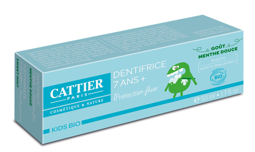 Cattier Kids Bio Dentifrice 7 Ans + Protection Fluor Menthe Douce Bio 50ml | Dentifrice - Hygiène dentaire