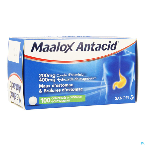 Maalox Antacid 200mg/400mg 100 Comprimés à Croquer (Menthe) | Acidité gastrique