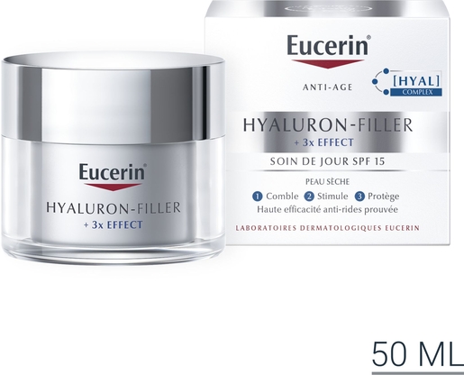 Eucerin Hyaluron-Filler +3x Effect Soin de Jour SPF 15 Peau Sèche Crème Anti-Rides &amp; Anti-Âge Pot 50ml | Visage & corps