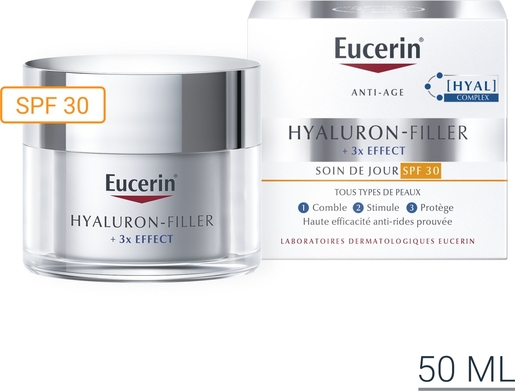 Eucerin Hyaluron-Filler +3x Effect Soin de Jour SPF 30 Tous Types de Peaux Crème Anti-Rides &amp; Anti-Âge Pot 50ml | Visage & corps