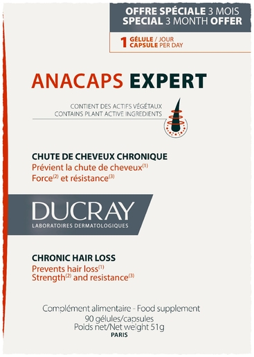 Ducray Anacaps Expert Anti Chute Chronique 90 Gélules | Vitamines - Chute de cheveux - Ongles cassants
