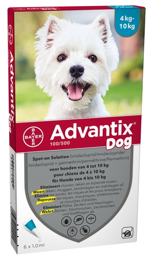Advantix 100/ 500 Chiens 4&lt;10kg Fl 6x1,0ml | Médicaments pour chien