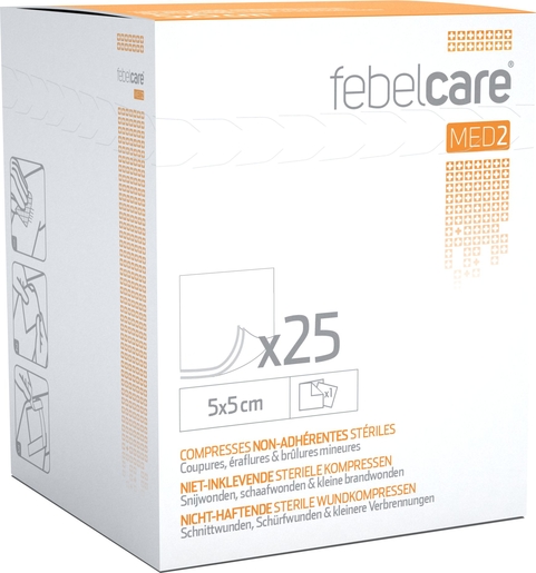 Febelcare MED2 25 Compresses Non-Adhérentes Stériles 5x5cm | Pansements - Sparadraps - Bandes