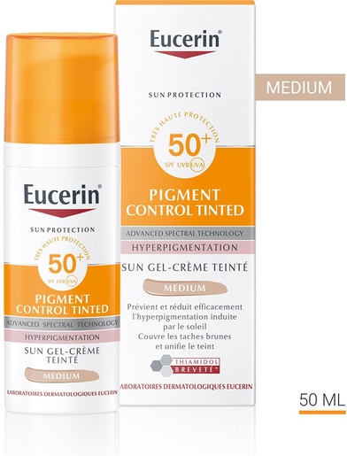 Eucerin Sun Pigment Control Tinted SPF 50+ Gel-Crème Teinté Medium Hyperpigmentation avec pompe 50ml | Produits solaires