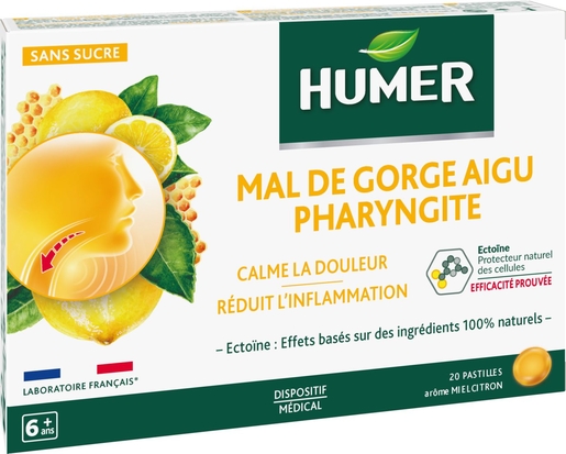 Humer Mal de Gorge Aigu Pharyngite Miel Citron 20 Pastilles | Mal de gorge - Toux