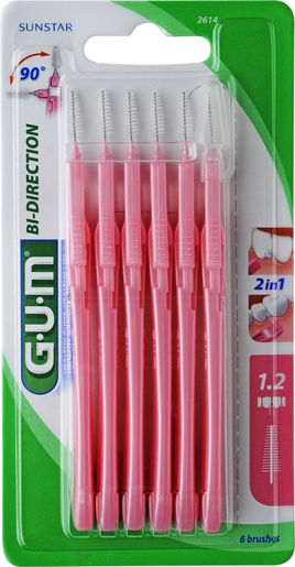 GUM Interdent Bi-Direction 6 Brossettes Fine 1,2 à 1,5 mm | Fil dentaire - Brossette interdentaire
