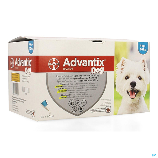 Advantix 100/ 500 Chiens 4&lt;10kg Fl 24x1,0ml | Médicaments pour chien