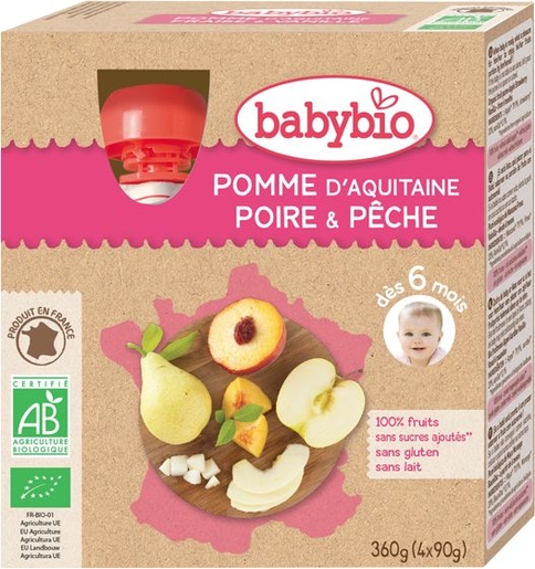 Babybio Purée Fruits Pomme Poire Pêche +6Mois 4x90g | Alimentation