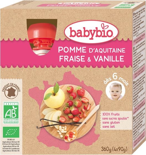 Babybio Purée Fruits Pomme Fraise Vanille +6Mois 4x90g | Alimentation