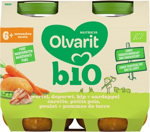 Olvarit Bio Carotte + Petits pois + Poulet + Pommes de terre 6+ Mois 2x200g